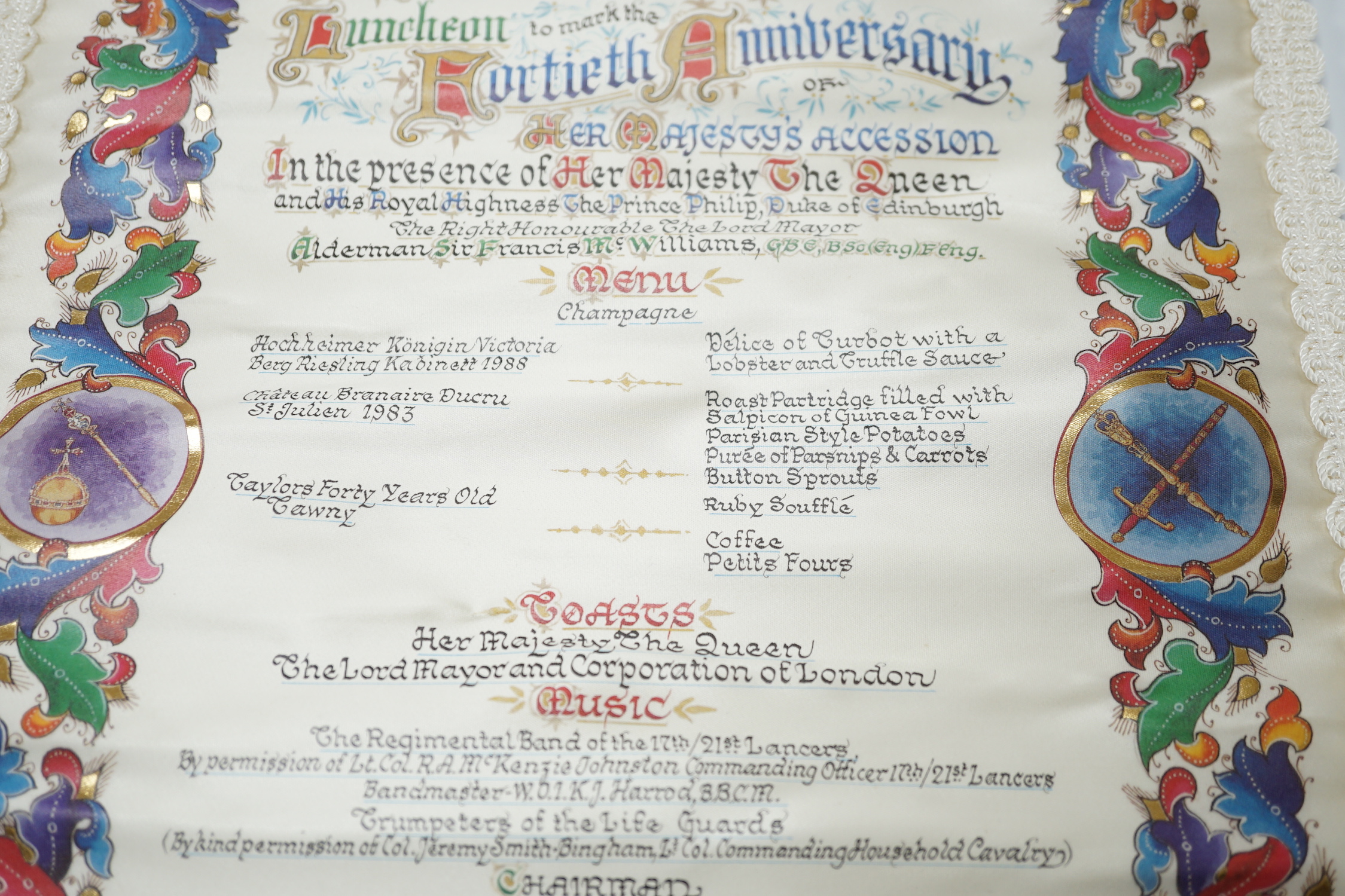 A QEII Guildhall commemorative luncheon scroll, November 24, 1992